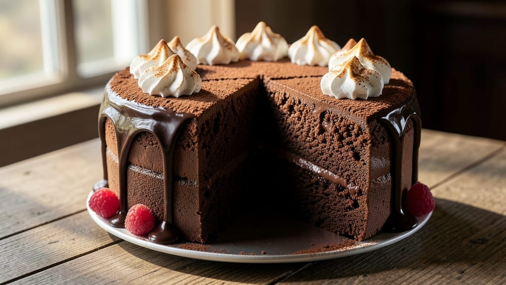 Big Mountain Chocolate Fudge Cake Recipe: Deep Chocolate Layers With Crunchy Crown