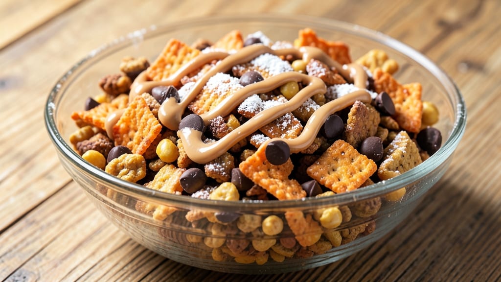 Chex Mix Peanut Butter Chocolate Powdered Sugar Recipe: Crunchy-Sweet Snack Trio in 10 Minutes